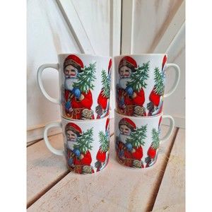 Vintage 1982 A Company Of Friends Christmas  Victorian Santa Coffee Mugs 4pc Set